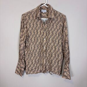 Musier Tan and Brown Monogram Print Collared Button Down Shirt 36 Small